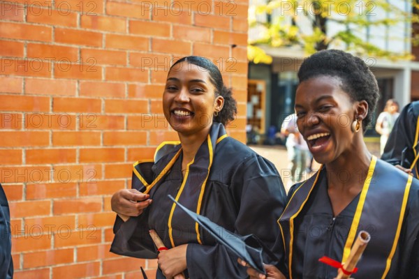 Diverse women graduates wearing academic gowns and caps, holding diplomas, smiling and laughing together during a joyful university graduation ceremony, celebrating their educational success