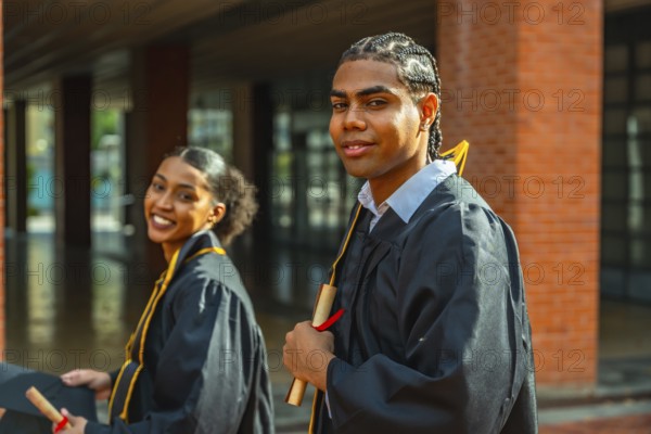 Two diverse university graduates smile and pose on campus in caps and gowns, proudly holding diplomas to celebrate academic achievement and a bright future together