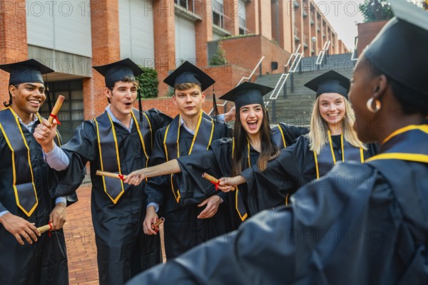 Diverse group of happy young students wearing graduation gowns and caps, sharing excitement and success on university campus after ceremony, holding their diplomas