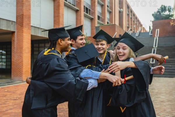 Group of excited young multi ethnic alumni students wearing academic dresses and cap, hugging, smiling, and celebrating graduation day on a university campus
