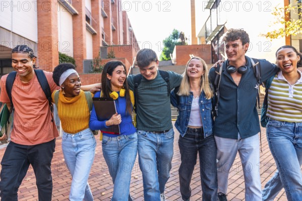 Group of happy diverse university students with backpacks embracing shoulders, laughing and walking together through a modern education campus building outdoors, feeling friendship and unity