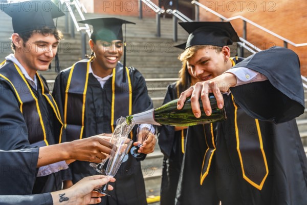 Diverse group of university students wearing black graduation caps and gowns celebrating with champagne, pouring drinks outdoors after their successful academic achievement