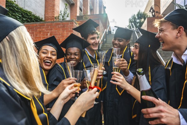 Group of happy diverse university graduates proudly toasting with champagne and holding diplomas, celebrating their academic success after completing their studies