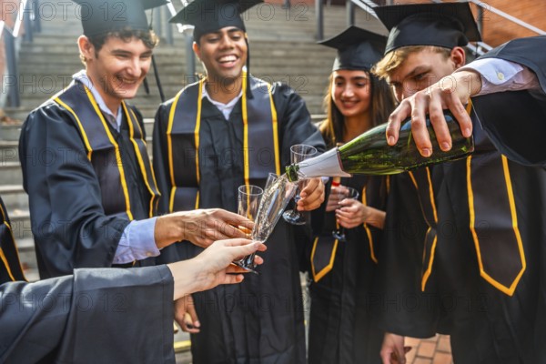 Diverse group of happy university graduates wearing academic dress and caps, receiving champagne poured into glasses, celebrating their graduation and educational achievement outdoors