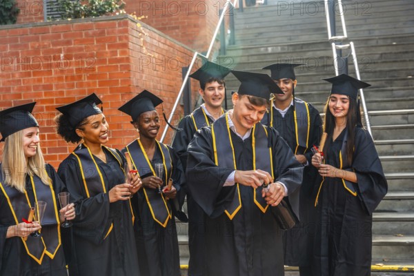 Diverse group of smiling university graduates in caps and gowns celebrating educational success and achievement, a young man opening a bottle of champagne while others hold flutes and diplomas