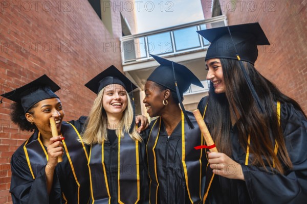 Diverse group of female university graduates standing together outdoors, smiling and laughing while holding diplomas, celebrating their educational achievement and friendship