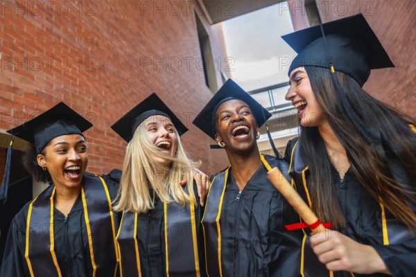 Group of happy diverse female university graduates wearing caps and gowns, laughing joyfully together while celebrating their academic success with diplomas
