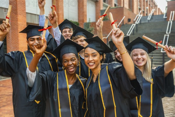 Group of happy young university graduates wearing academic dress and caps, raising diplomas in celebration of their academic accomplishment and future success