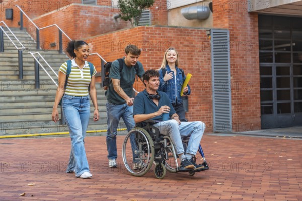 Group of diverse university students walking on a brick pathway, one student using a wheelchair being pushed by a friend, embracing accessibility and friendship on campus