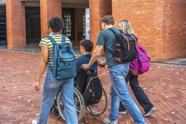 University students walking together with a classmate using a wheelchair, showing friendship and inclusion on campus, promoting diversity and accessibility in education