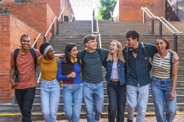 Group of happy young adult students from different ethnic backgrounds walking together on a university campus, arms around each other, laughing and enjoying their friendship