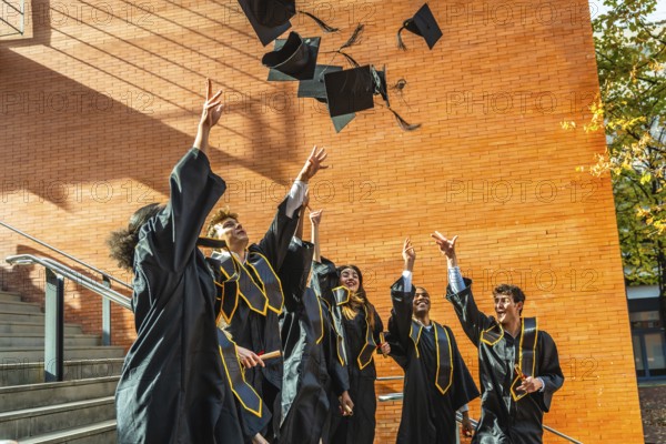 Group of diverse university students celebrating graduation day outdoors, excitedly tossing their academic caps into the bright sky after receiving their diplomas