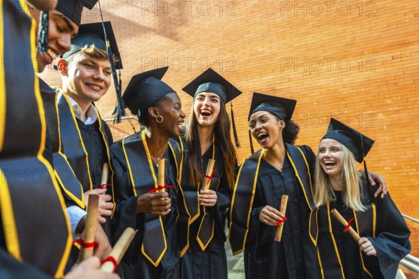 Diverse group of smiling students celebrating their graduation, wearing cap and gowns, holding rolled diplomas, representing success, achievement, and youth on their university campus