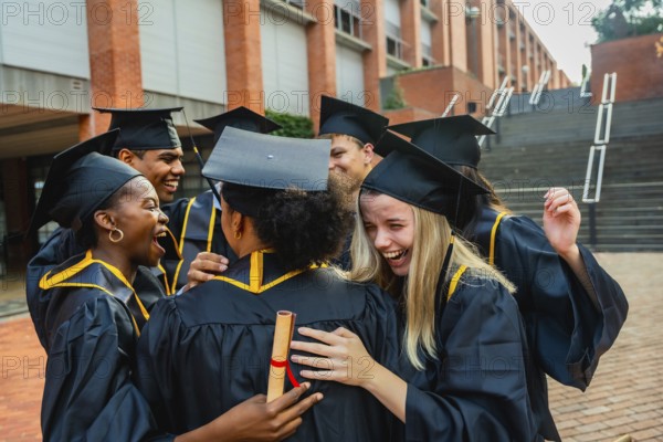 Graduated students are embracing each other and laughing, celebrating their academic achievement and happiness together on the university campus after receiving their diplomas