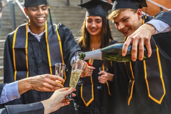 Diverse group of young adult students wearing graduation caps and gowns celebrating their academic achievement, pouring sparkling wine into glasses during an outdoor university event