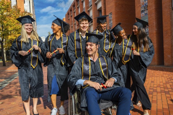 Diverse group of university graduates, including a man in a wheelchair, smiling and holding diplomas on a campus pathway, celebrating achievement and friendship outdoors