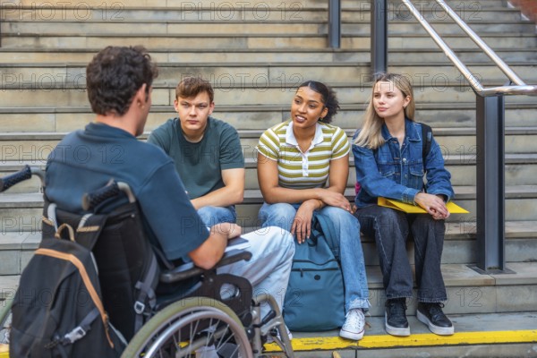 Group of young college students, including a man in a wheelchair, engaging in conversation and fostering a sense of inclusion and community while sitting on outdoor stairs on university grounds