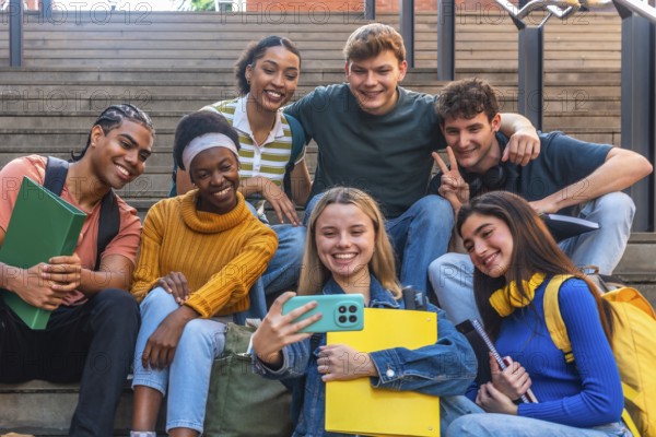 Diverse group of happy university students smiling and posing together on campus stairs, taking a selfie with a smartphone, representing education, friendship, and youth