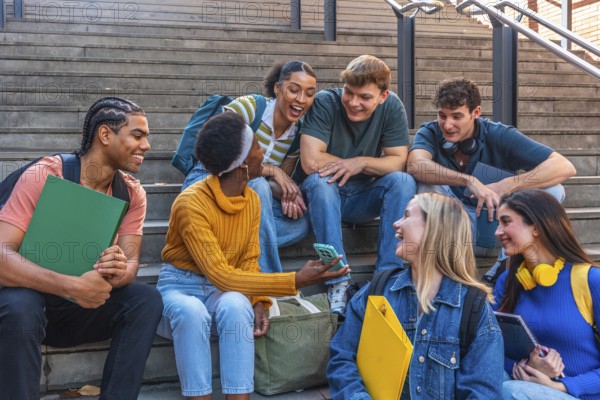 Group of young multi ethnic students sitting on steps, laughing and looking at a smartphone, sharing a moment of joy and connection on campus during an informal break