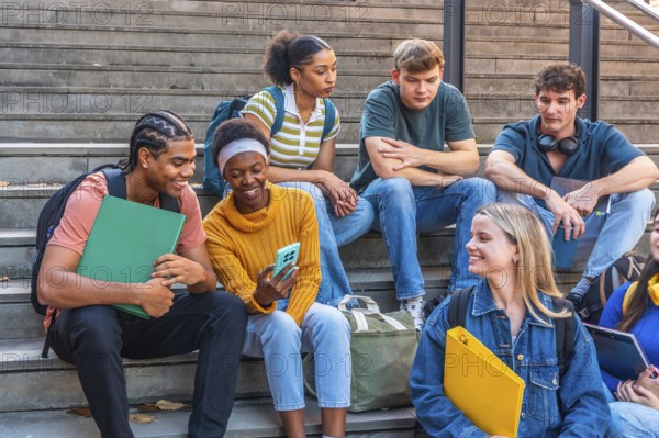 Diverse group of university students are relaxing and interacting on campus stairs, sharing moments and looking at a smartphone, embodying youth, friendship, and student life
