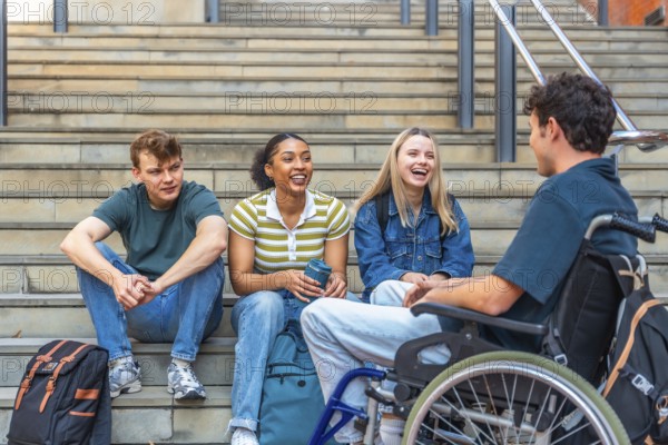 Diverse group of young adult university students laughing and interacting while sitting on campus stairs, showing friendship, inclusion, and accessibility