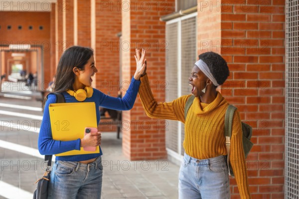 Happy diverse students high fiving at a university campus, celebrating academic achievement and friendship while showing enthusiasm and unity in their educational journey