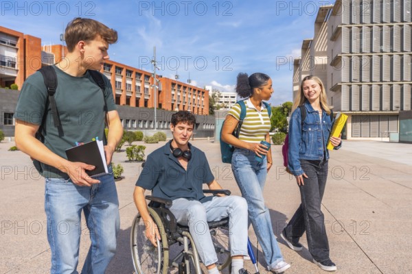Diverse group of young students experiencing inclusion while walking and talking on a university campus, representing education, friendship, and accessibility in a vibrant community environment