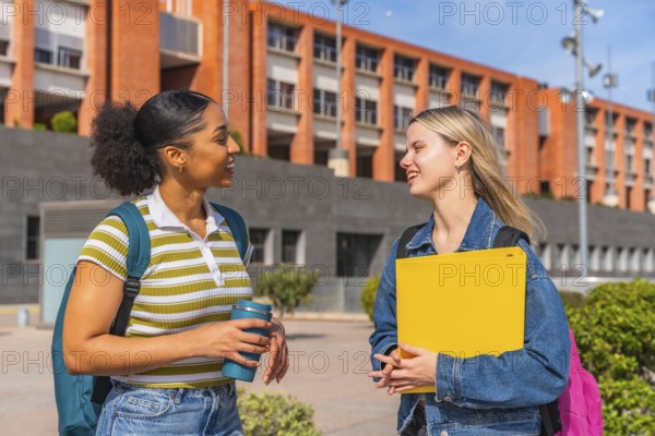 Two diverse female students walking on a university campus, smiling and engaged in conversation while carrying backpacks and school supplies under a clear sky