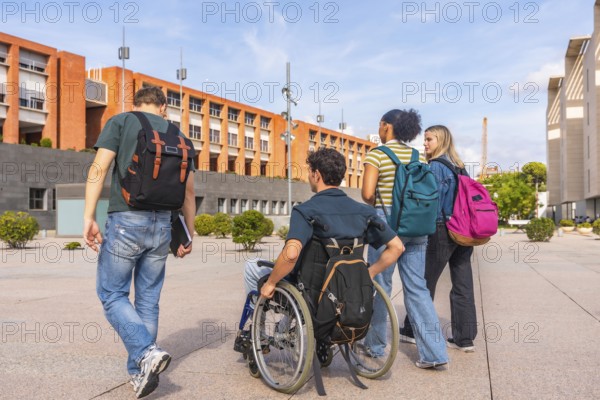 Diverse group of young students, including one in a wheelchair, carrying backpacks and walking together on a university campus, representing education, inclusion, and friendship
