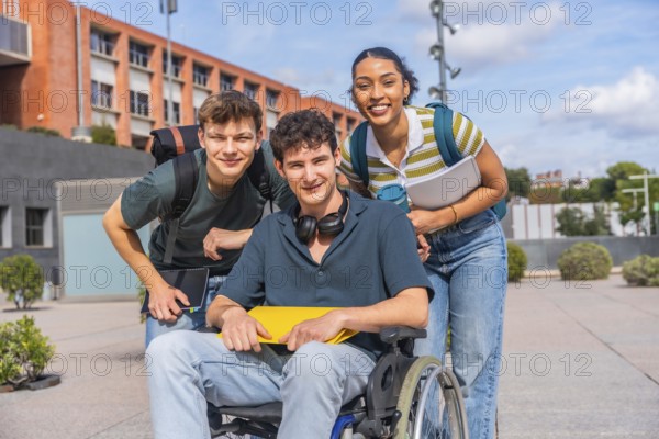 Happy young students, including a person using a wheelchair, standing together on a university campus, representing diversity, inclusion, and friendship in education
