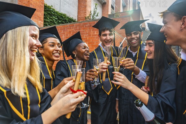 Young diverse international students wearing graduation caps and gowns toasting with champagne glasses and holding diplomas, celebrating their college success and future careers