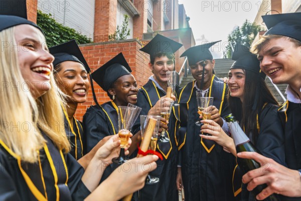 Group of smiling diverse students celebrating university graduation, wearing academic dress, toasting with champagne and holding a diploma scroll, symbolizing academic achievement and future success