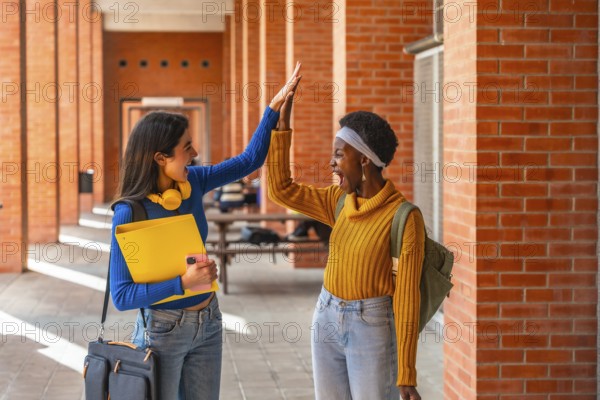 Joyful diverse students high fiving, celebrating achievement and friendship in a university setting, symbolizing teamwork, education, and happy student life on campus