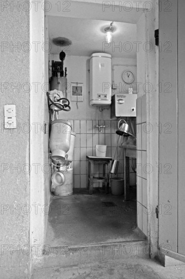 Milk chamber on a former Franconian farm, black and white, Middle Franconia, Bavaria, Germany