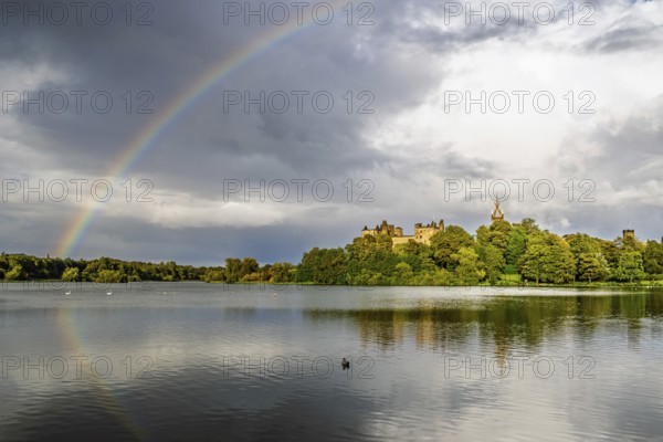 Rainbow over Linlithgow Palace, Linlithgow Loch, West Lothian, Scotland, United Kingdom