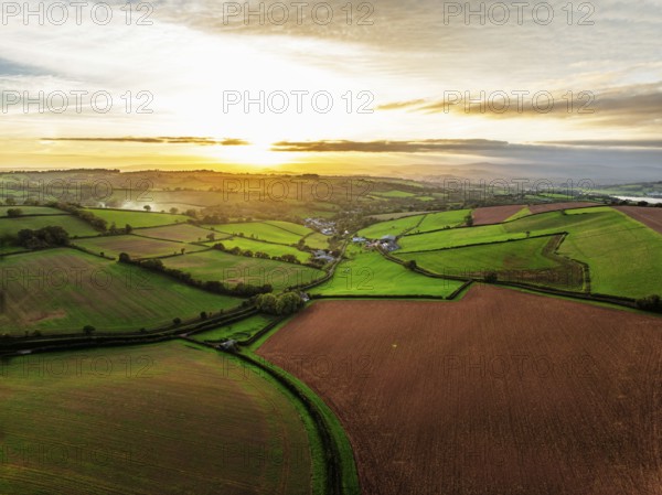 Colours of autumn Fields and Farms over Sheldon from a drone, Torbay, Devon, England, United Kingdom