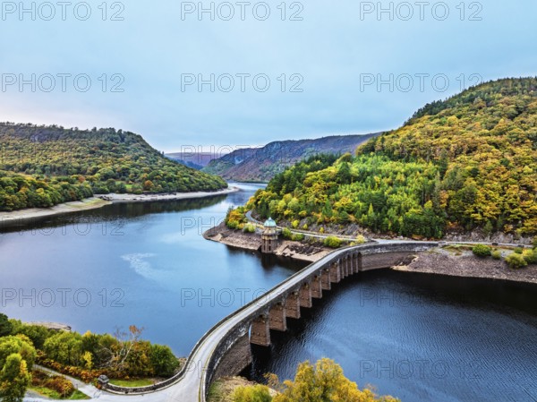 Autumn over Garreg Ddu Dam from a drone, Elan Valley, Caban-Coch Reservoir, Rhayader, Wales, UK