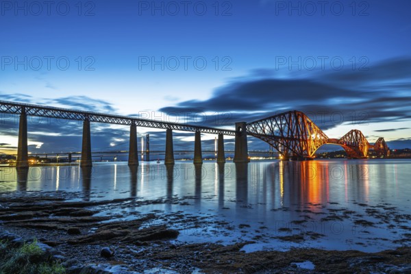 NIGHT over Forth Bridge, Queensferry Crossing, Forth Estuary, Scotland, UK