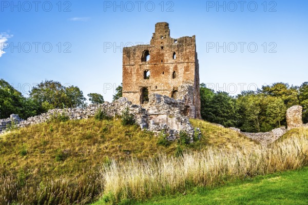 Ruins of Norham Castle and River Tweed, Norham, Northumberland, England, United Kingdom