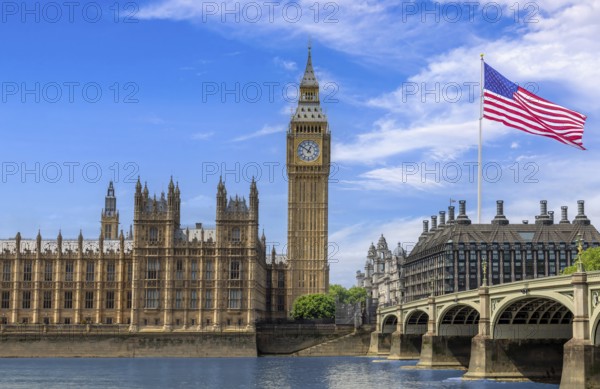 Concept of England being under the US influence with Big Ben Parliament and big american flag