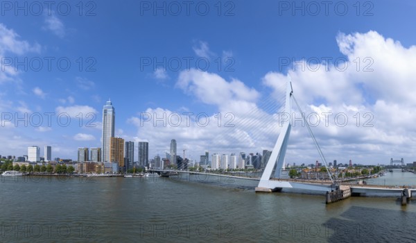 Panoramic view of Erasmus Erasmusbrug bridge in Rotterdam. Financial business district skyline