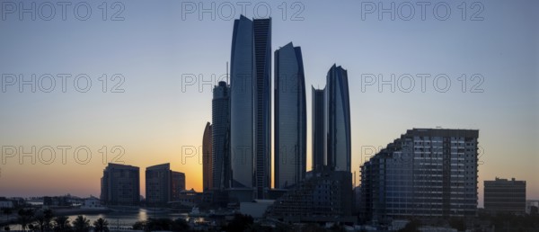 UAE, United Arab Emirates, Abu Dhabi waterfront downtown marina and coastal panorama and skyline