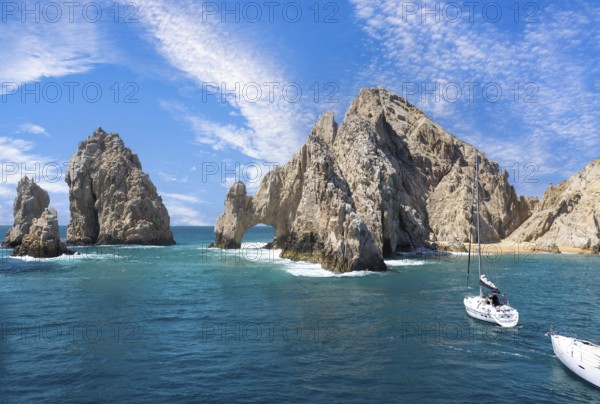 Scenic landmark tourist destination Arch of Cabo San Lucas, El Arco, whale watching and snorkeling spot