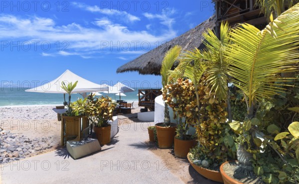 Restaurants and cafes with ocean views on Playa De Los Muertos beach and pier near famous Puerto Vallarta Malecon, the city largest public beach