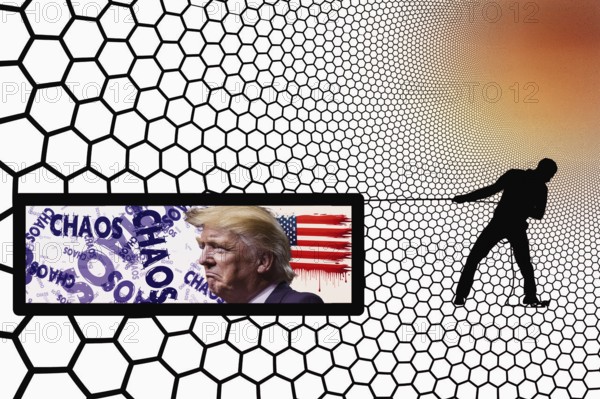 Symbolic image, Trump and world chaos, chaos ending by moving, Europe and EU, Venezuela, Canada, Greenland, Denmark, Poland, Cuba, France, Nato, threat of occupation, US democracy in danger, EU and Germany under political pressure, industry, Donald Trump, tariff threats, Elon Musk, Mark Zuckerberg, social networks, fake news, rights broken, hate, incitement, DSG Digital Services Act, re-election, USA, politics, announcements, vendetta, willed dictator, republican, US electoral system, global threat, lies, 2nd term of office, global burden, Ukrainian war, Storm White House, Laws and Courts suspended