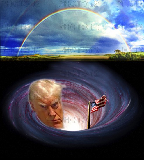 Symbolic image, Trump sinks into a wormhole, rainbow offers hope, polluted states in Europe and EU, South America, Venezuela, Canada, Greenland, Denmark, Poland, Cuba, France, NATO, threat of occupation, US democracy in danger, EU and Germany under political pressure, industry, Donald Trump, customs threats, Elon Musk, Mark Zuckerberg, social networks, fake news, rights broken, hate, hate, hate, DSG Digital Services Act, re-election, USA, politics, announcements, vendetta, willed dictator, republican, US electoral system, global threat, lies, 2. Term of office, global burden, Ukrainian war, White House storm, laws and courts suspended