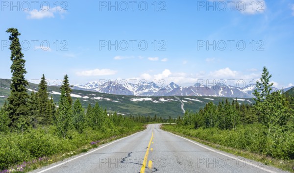 Road through taiga and mountainous landscape, picturesque landscape on Richardson Highway, Alaska, USA