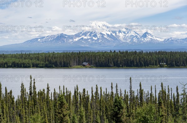 Lake Willow Lake, taiga landscape with high glaciated mountain peak Mount Drum, Wrangell Mountains, Alaska, USA