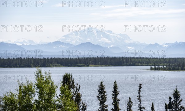 Lake Willow Lake, taiga landscape with high glaciated mountain peak Mount Blackburn, Wrangell Mountains, Alaska, USA