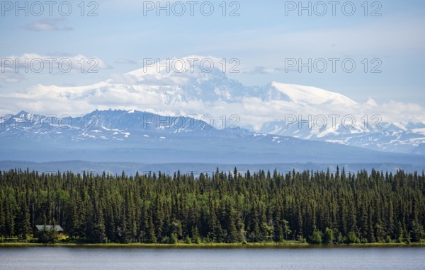 Lake Willow Lake, taiga landscape with high glaciated mountain peak Mount Sanford, Wrangell Mountains, Alaska, USA